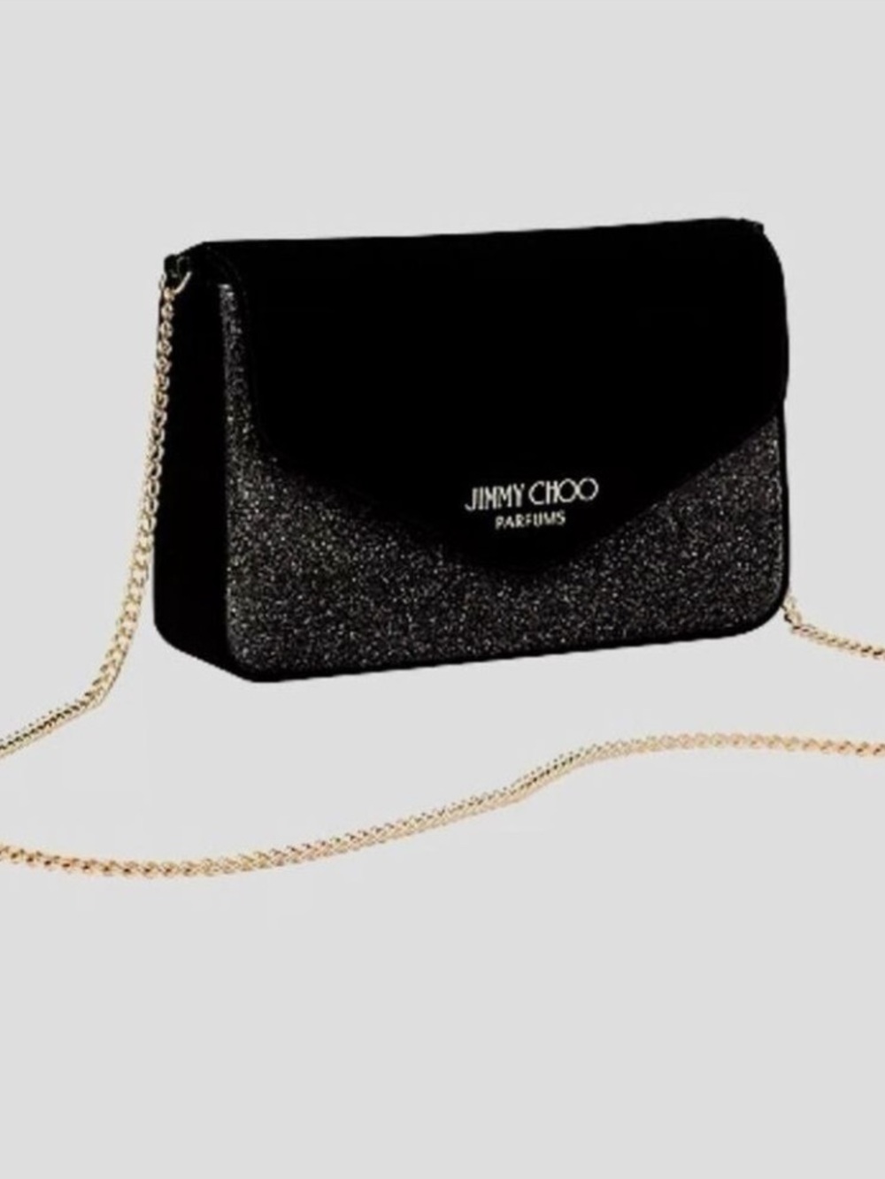 NWT Jimmy Choo
Parfums Black Velvet & Glitter Evening Bag with Gold Chain Strap